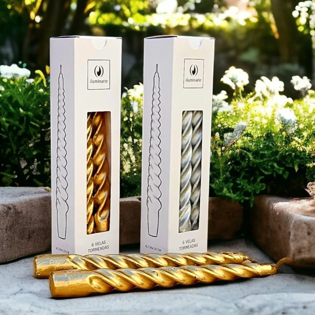 Foto de VELAS NAVIDEÑAS TORNEADAS 20 CM. ORO/PLATA CAJA X6